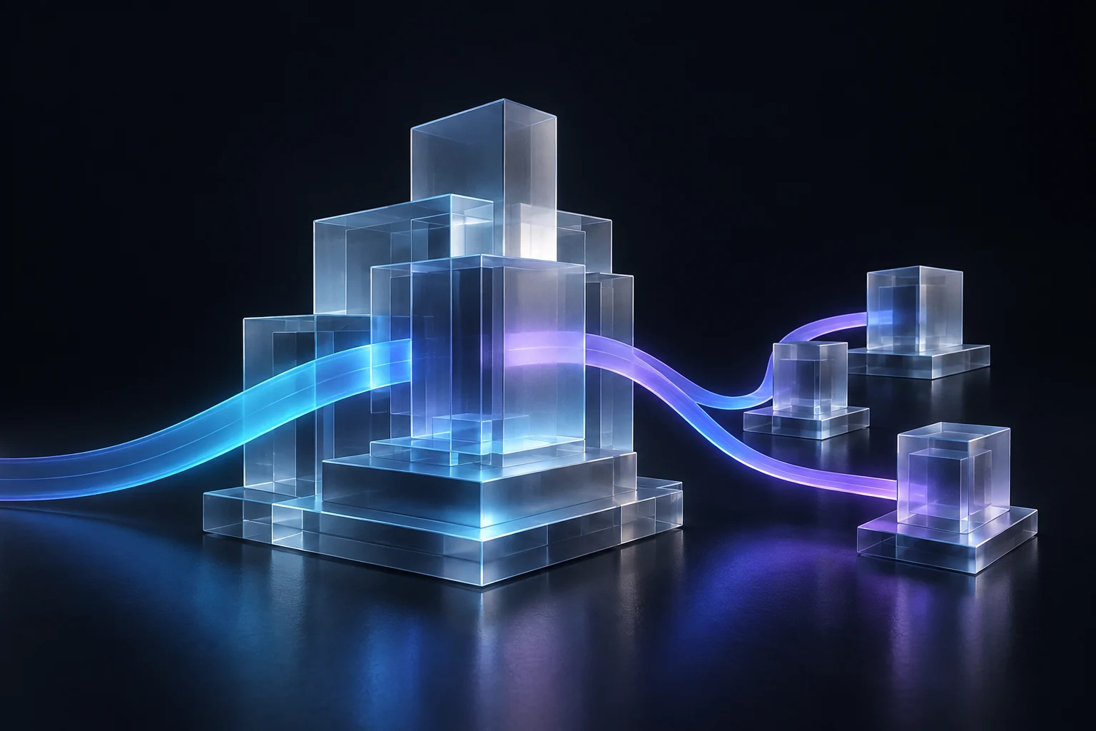 Glass structures joined by cyan and violet light, illustrating connected business systems